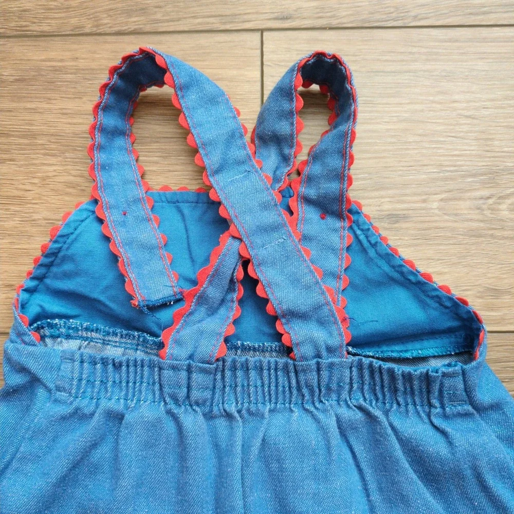Vtg 80s Carters Denim Pinafore Overall Dress Shirt Floral Embroidery Toddler 24M